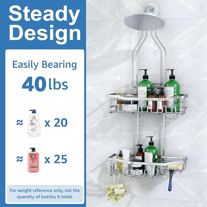 Shower Caddy Hanging for Bathroom: Adjustable Height No Blocking to Shower Head - Rustproof Shower Caddy Over Showerhead - Shower Organizer with Hooks Soap Holder, Silver
