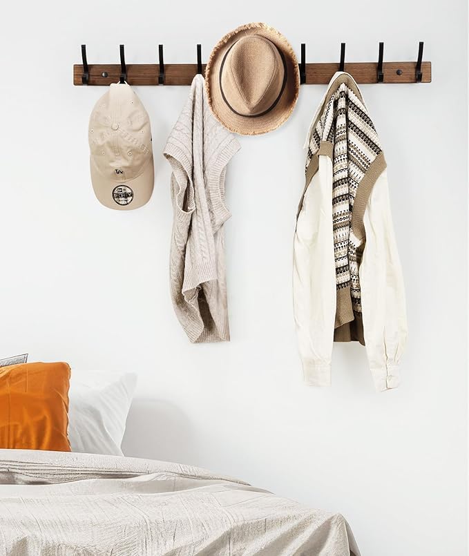 Optish Coat Rack Wall Mount, 16.5 Inches Wood Coat Hooks Wall Mount, Wall Coat Rack with 5 Hooks, Hat Rack Wall Hooks for Hanging Coat, Bag, Towel (2Pack, Brown)
