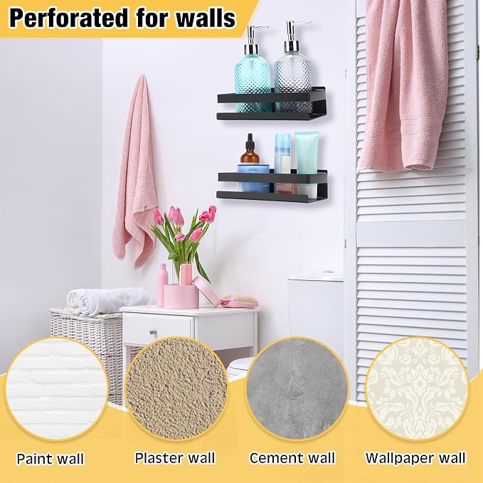 Lallisa 2 Pieces Stainless Steel Shelf Bathroom Shower Floating Shelves Wall Mounted Shower Caddy Basket Shelf Storage Organizer Shelves for Bathroom, Kitchen, Living Room(7.87 Inches/ 20 cm,Black)