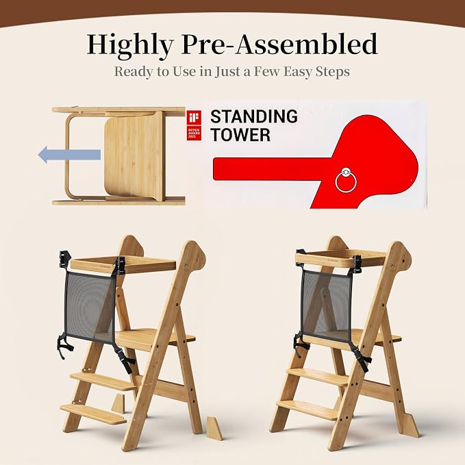 COSYLAND Foldable Kids Step Stool - iF Design Award Standing Tower with Safety Net & 2 Large Side Support Legs - Adjustable Height Toddler Ladder for Kitchen Counter/Bathroom Sink -(Natural)-Foldi