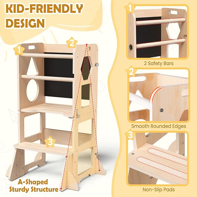 Toddler Standing Tower with Anti-Fall Buckle, 4-in-1 Anti-Slip Toddler Kitchen Step Stool with Blackboard, Foldable Wooden Kitchen Stool Helper for Kids, 1-3 Year Old Boy Girl Gifts