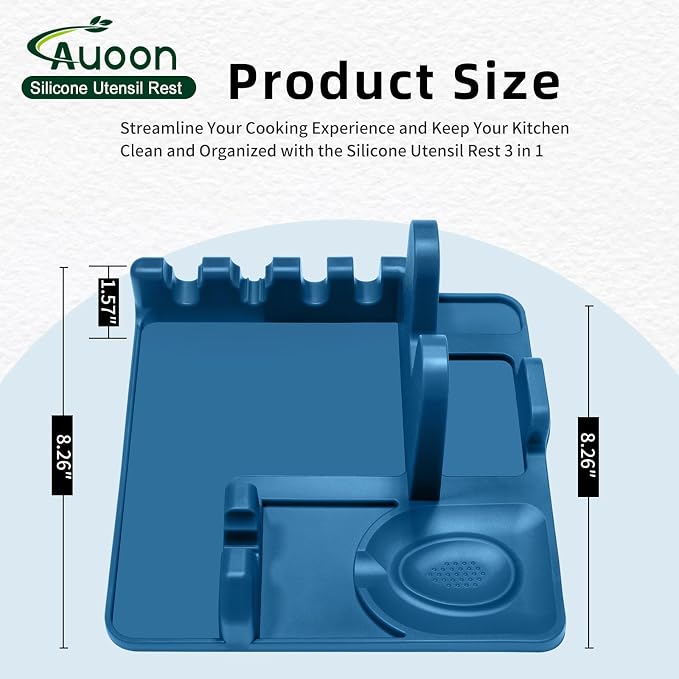 Auoon Silicone Spoon Rest with Lid Holder - 3 in 1 Kitchen Utensil Rest for Soup Ladles, Pot Lids, Spatulas, Spoons, Tongs, BPA Free & Dishwasher Safe, 8.26 x 8.06 Inch (Fog Blue, Large)