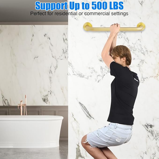 ROTHLEY 18 Inch Grab Bar for Bathtubs and Showers: Stainless Steel Shower Grab Bar Wall Mounted Shower Handle with Concealed Screws Anti Slip Saft Handle for Elderly Seniors (Brass)
