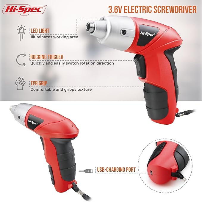Hi-Spec Small Electric Screwdriver, Mini Drill Set, Rechargeable 3.6V Cordless Screwdriver with 26 Driver Bits, Power Tool for Small Projects & Home Use, Red