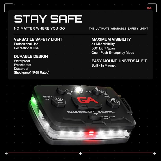 Guardian Angel Elite Series Safety Light (White Front & Green/Yellow Rear) - Rechargeable, Magnetic, Wearable & Mountable LED Flashlight for Construction, Roadside, Towing, Security & Industrial PPE