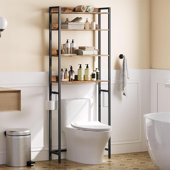 MAHANCRIS Over The Toilet Storage Rack, 4 Tier Bathroom Organizer Over Toilet, Freestanding Space Saver Toilet Stand with 2 Hooks, Bathroom Storage Shelf, Easy to Assemble, Rustic Brown TSHR0401Z