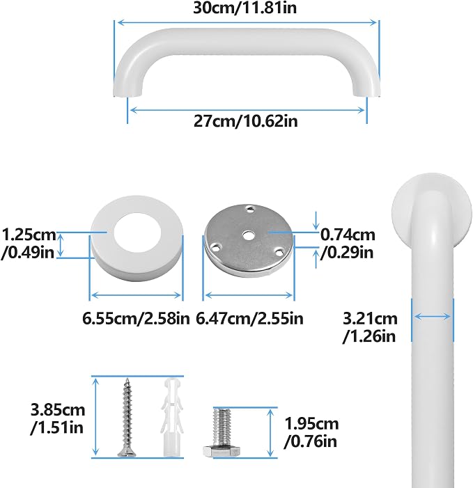 Shower Grab Bar, 2 Pack 12 Inch White Bathroom Safety Bar, 1.25" Diameter 304 Stainless Steel Grab Bars for Bathtubs and Showers, Handicap Shower Grab Bar for Seniors Elderly