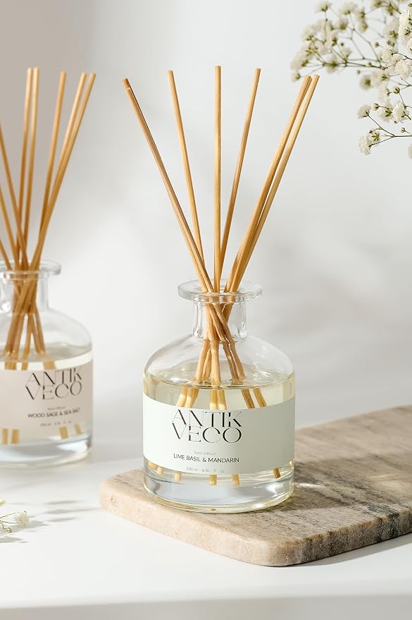 Lime Basil & Mandarin Reed Diffuser – Citrus & Herbal Diffuser for Home 6.7 fl oz – 8 Rattan Sticks – Premium Aromatherapy Oil – Elegant Glass Bottle – 90 Days Long Lasting Diffuser Set