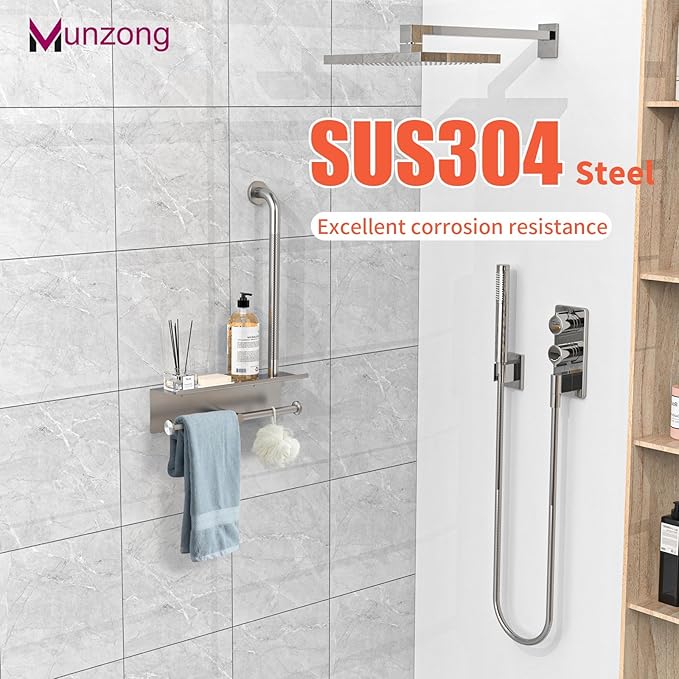 Bathroom Grab Bar with Shower Shelves,Munzong Toilet Paper Holder 3 in 1 Bathroom Organizers and Storage, Anti Slip Stainless Steel Safety Hand Rail for Handicap Elderly Senior Assist