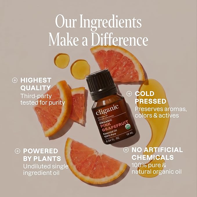 Cliganic Organic Pink Grapefruit Essential Oil, 100% Pure Natural, for Aromatherapy | Non-GMO Verified