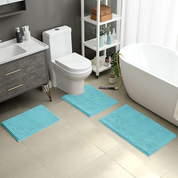 HOMEIDEAS 3 Pieces Bathroom Rugs, Ultra Soft Non Slip Absorbent Chenille Toilet Bath Mat Set (Aqua Blue)