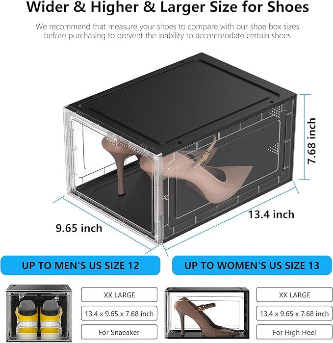 XX-Large Clear Shoe Storage Boxes with Magnetic Door, Thickened Stackable Shoe Organizer 10 Pack, Sneaker Display Case for Closet Organization Storage, Dust-Proof Space Saving System, Black Clear