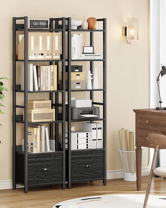Furologee Book Shelf Set of 2, 6 Tier Tall Shelf with Drawer, Bookshelves and Bookcases Set of 2, Industrial Display Shelving Unit for Bedroom, Living Room, Home Office, Black Oak