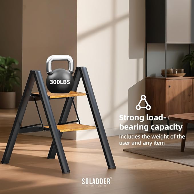 SOLADDER 2 Step Ladder, Anti-Slip and Lightweight Foldable Step Stool for Adults to Use in Kitchen, Closet and Library, 300lbs(Black&Woodgrain)