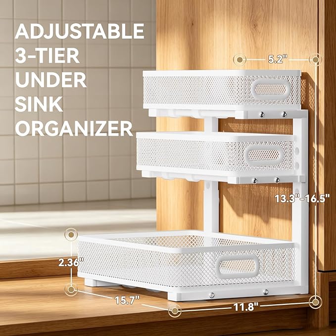 2 Pack 3 Tier Under Sink Organizer, Height Adjustable Heavy Duty Metal Under Cabinet Drawer Pull Out Shelf with Smooth Silent Sliding Design, Organizer and Storage Rack for Kitchen, Bathroom, White