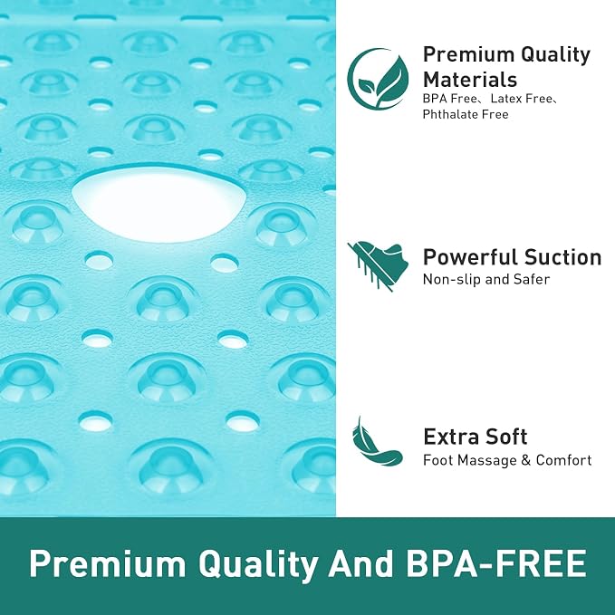 Large Square Shower Mat 27 x 27 Inch Clear Green, Non Slip Shower Bathtub Mats for Inside Shower with Big Suction Cups Drain Holes, Anti Slip Bathroom Floor Stall Mats, Easy Clean, BPA-Free