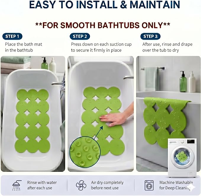 Webos Patented Non Slip Bathtub Mat Shower Mat Bath Mat Tub Mats with Strong Suction Cups Soft Natural Rubber Bath Mat for Inside The tub (Circle-Green, 28x16 inch)