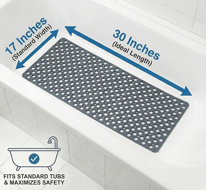 Nonslip Bathtub Mat Extra Soft TPE Bath Mat for Kids, Machine Washable Bathroom Shower Mat(Gray/ 30L x 17W Inch)