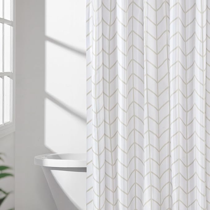 Amazon Basics Bathroom Shower Curtain, Water Resistant Fabric with Weighted Hem, Rust Resistant Grommets & Hooks, Machine Washable, 72"x72", Natural Herringbone