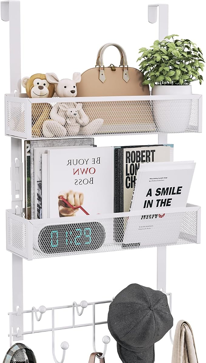 Consumest Over The Door Hooks Organizer - 3 Tier Door Hanger with 9 Coat Hooks & 2 Mesh Basket, Back Storage Organizer Hanging Towels for Bathroom, Bedroom, White