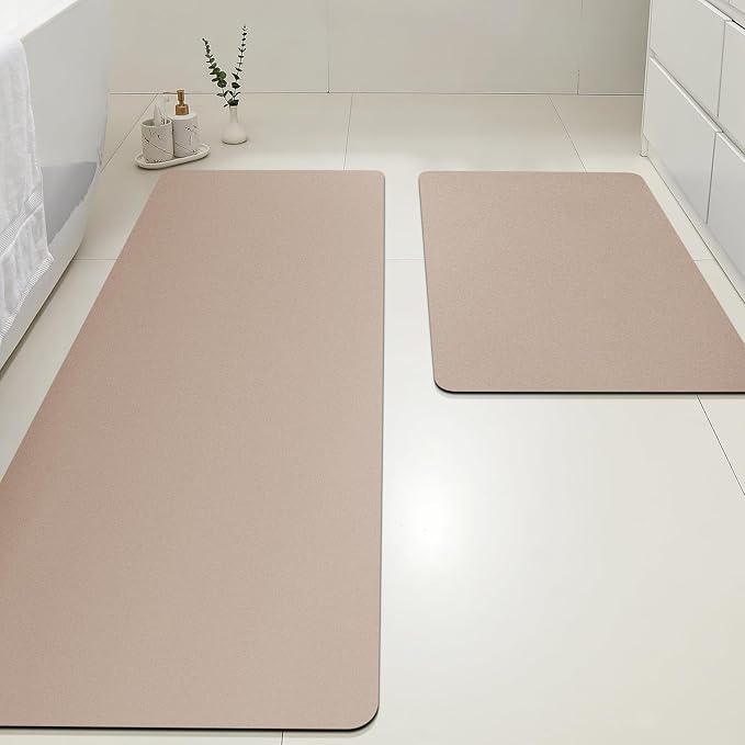 ACCUMTEK Non Slip Bath Mat, Thin Bathroom Rugs Fit Under Door, Quick Dry Bath Mats, Machine Washable Bath Rugs for Bathroom, Bathtub & Kitchen, Bathtub, Taupe/Solid/24 x17+48"x20"