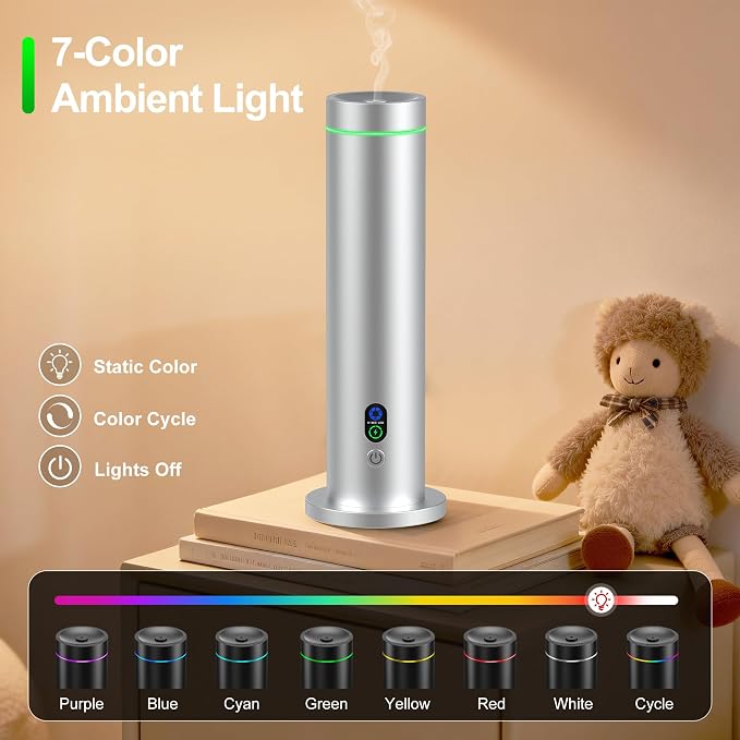 Maromalife Waterless Diffuser, Essential Oil Diffuser, 1000 Sq.Ft Coverage Scent Diffuser – Plug-in Only, Adjustable Mist, Remote, Mood Lights for Home & Office, Large Room, Hotel, Silver