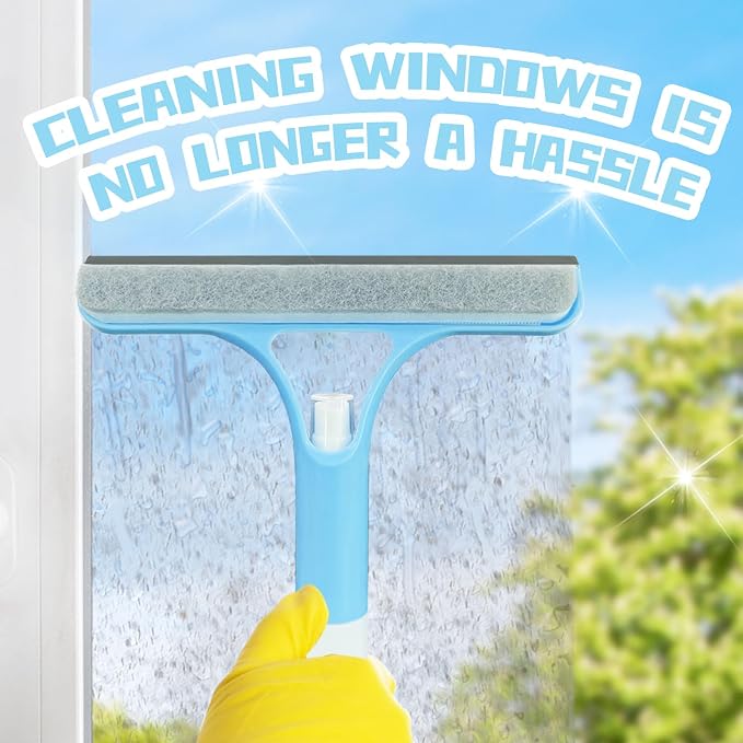3 in 1 Window Cleaning Scraper,All-Purpose Spray Window Squeegee Cleaner Tool,for Glass Doors for Windows Glass, Mirrors Scraper, Brush (Blue)