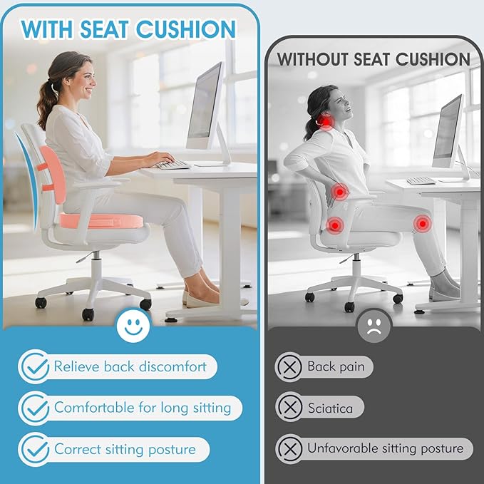 CushZone Ergonomic Seat Cushion & Lumbar Support Pillow - Memory Foam for Sciatica Pain Relief & Posture Correction, Non-Slip Chair Cushions for Office Chair/Car/Wheelchair/Travel (Pink)