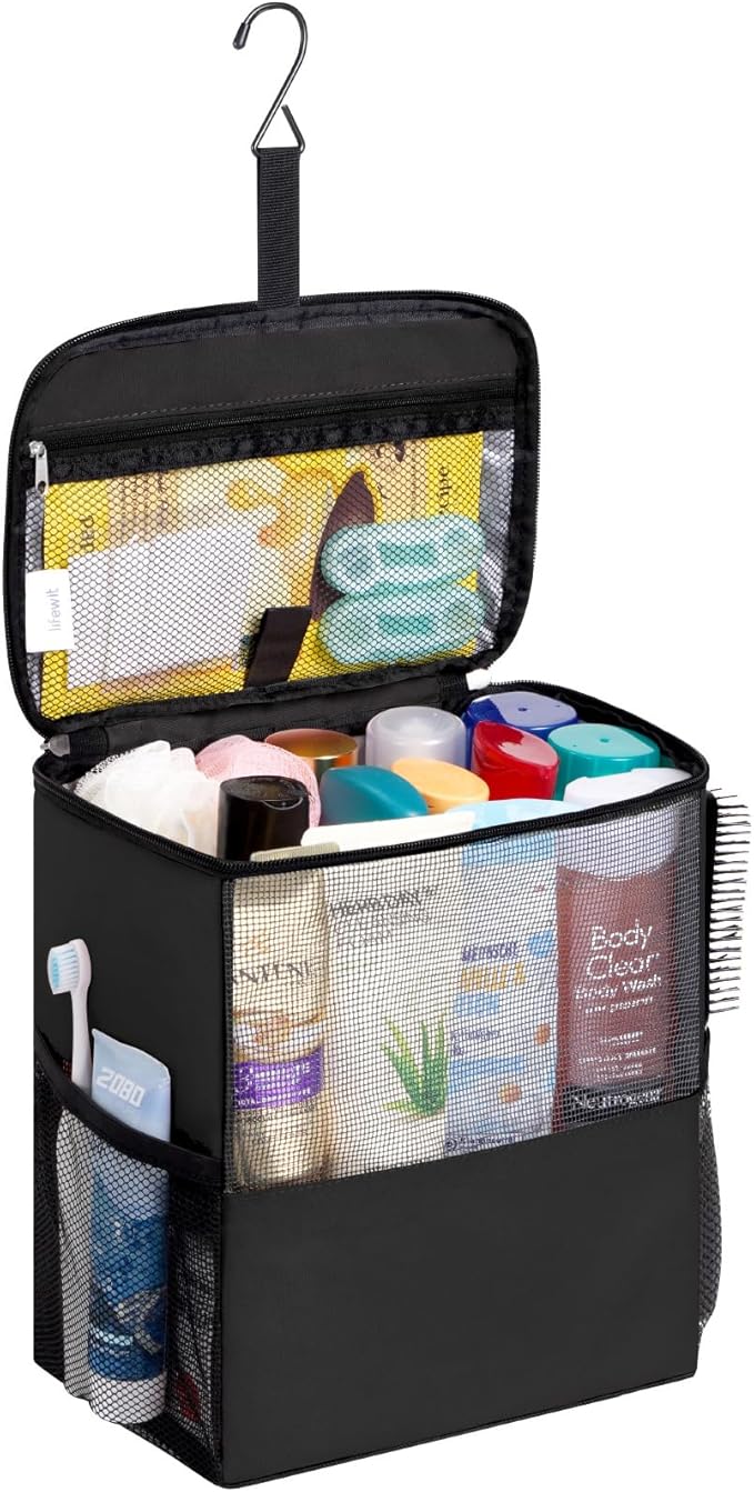 Lifewit Shower Bag Mesh Shower Caddy Portable College Dorm Room Essentials Tote Bag for Bathroom, Gym, Travel, Camping Quick Dry Hanging Shower Organizer Basket Toiletry Bag, Large, Black