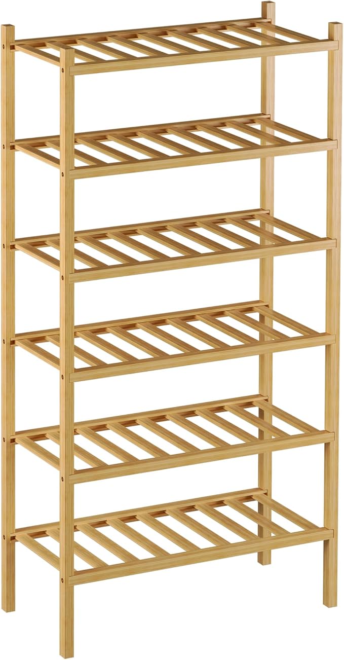 ROMGUAR CRAFT 6-Tier Bamboo Small Shoe Rack, Free Standing Wood Shoe Shelf Storage Organizer for Closet Entryway Stackable (Natural)