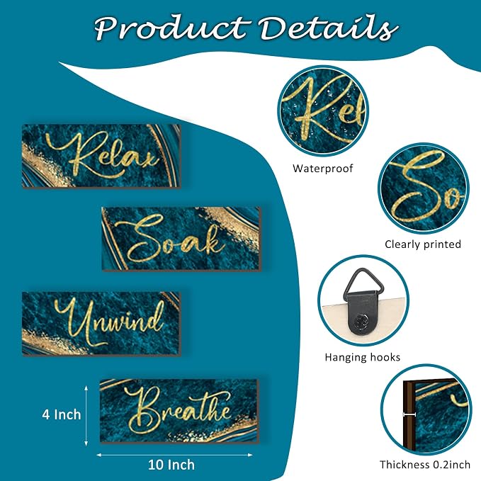 ONIZHITY 4 Pcs Teal and Gold Wall Decor - Rustic Marble Style Bathroom Accessories for Bedroom and Living Room (Teal Gold 10X4)