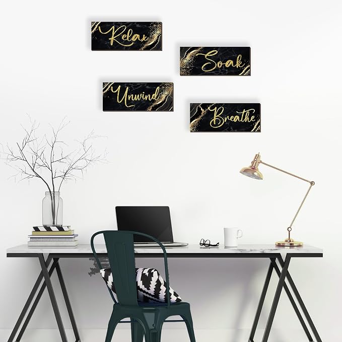 ONIZHITY 4 Pcs Black and Gold Bathroom Decor Black Gold Wall Decor Relax Soak Unwind Breathe Wooden Rustic Marble Style Bathroom Accessories for Bedroom Living Room Decor Kitchen(14X5.5)