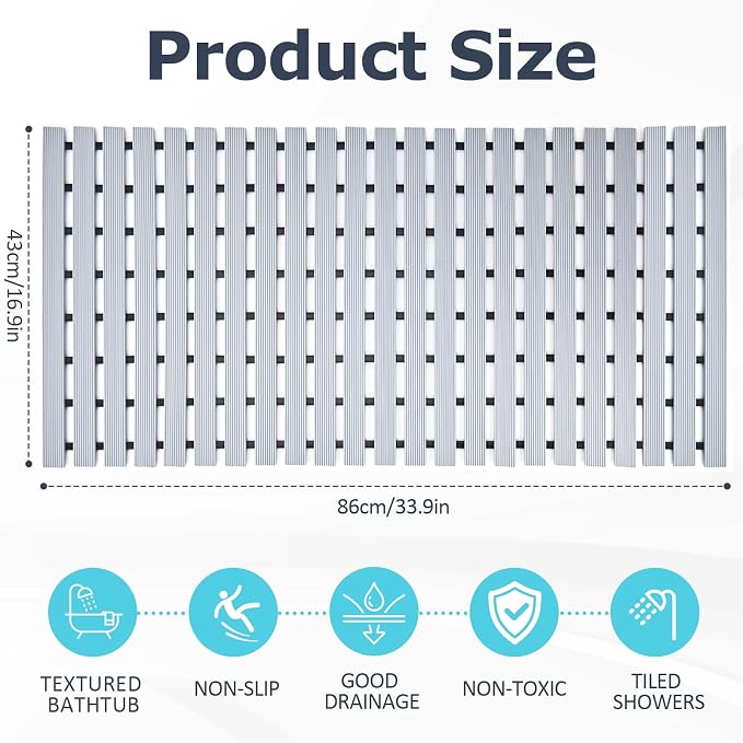 Grey Weighted Non Slip Bathtub Mat Without Suction Cups,Textured TPE Bath Mat for Textured Tub & Shower Surfaces,Doesn't Float, Works on Tile and Stone(33.8”x 17”)