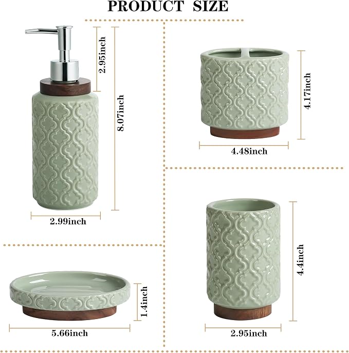 RQYIXI 4 Piece Bathroom Accessories Set, Green Ceramic Bath Accessory Set with Wood Accents, Soap Dispenser, Toothbrush Holder, Tumbler and Soap Dish, Elegant Bathroom Countertop Decor