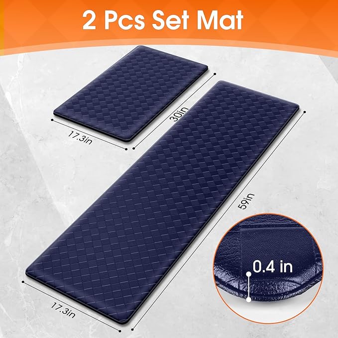 TranquilRelax Kitchen Mats, 2PCS Kitchen Rugs, Cushioned Anti Fatigue Kitchen Mats for Floor, Non-Slip Standing Desk Mat, Waterproof Kitchen Rug Set for Kitchen, Floor, Office,17.3"×30"+17.3"×59",Blue