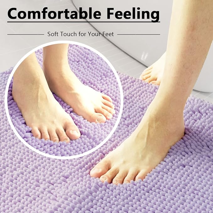 Bathroom Rugs Chenille 3-Piece Extra Soft and Absorbent Shag Bathroom Rugs, Machine Wash Mat, Strong PVC Non-Slip Underside, Plush Carpet Mats, Lavender
