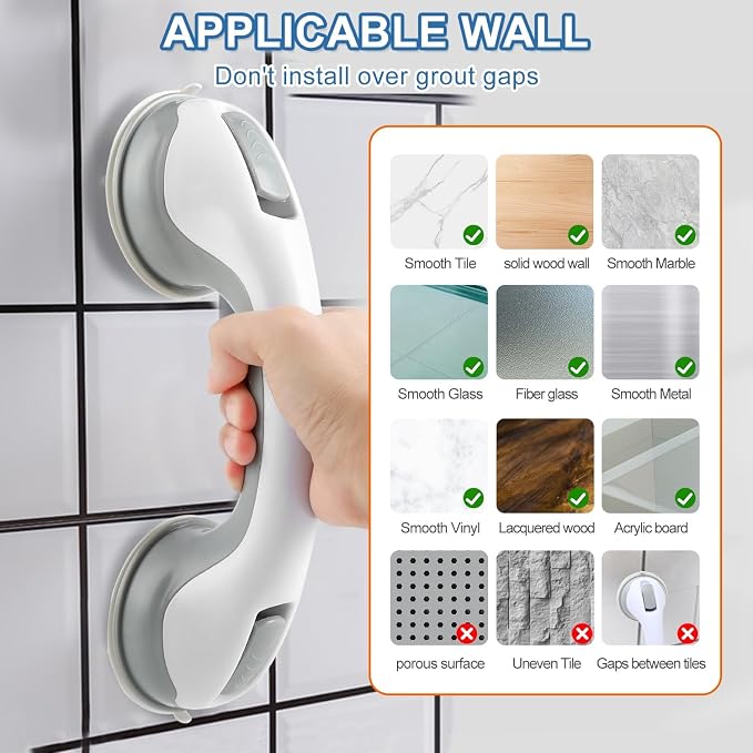 Grab Bars for Bathtubs and Showers, 2 Pack Shower Handle 12 Inch Strong Suction Shower Bar, Safety Bars for Shower Chair, Bathroom Grab Bar for Senior (Gray White)