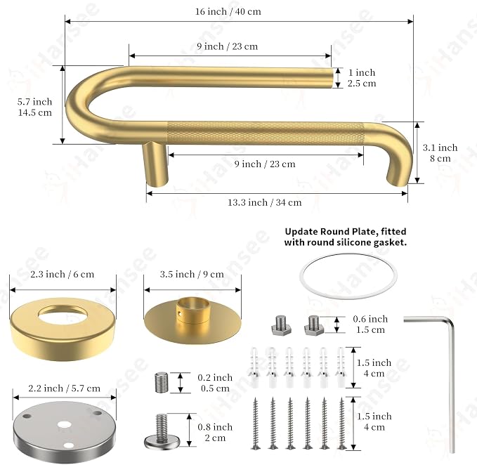 𝐔𝐩𝐠𝐫𝐚𝐝𝐞𝐝 Toilet Grab Bars 16 Inch - Toilet Paper Holder Grab Bar Stainless Steel Knurled Toilet Grab Bars for Seniors Bathtub Bathroom Rails for Elderly Bath Safety Balance Support, Gold