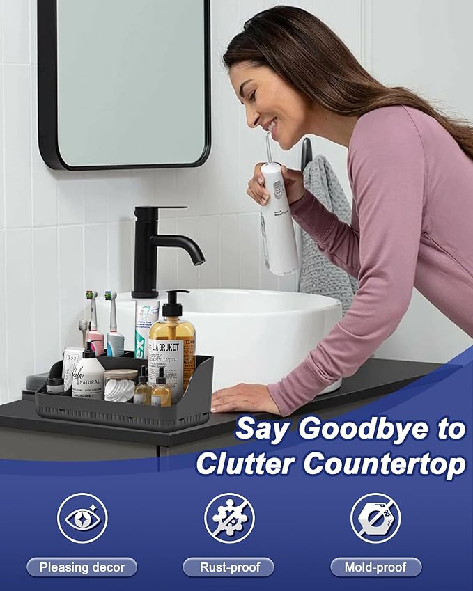 Bathroom Counter Organizer and Storage with 2 Pack Qtip Holder Dispenser, 7 Slots Detachable Toothbrush Holders for Bathrooms, Anti-Slip Electric Toothbrush and Toothpaste Holder Countertop