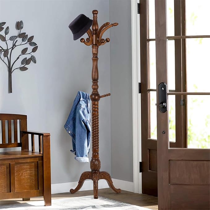 Bekrvio Coat Rack Freestanding Tree Stand with 8 Hooks, 79'' Heavy Duty Premium Ash Wood Hanger Stand, Floor Standing Clothes Hat for Entryway, Corner,Hallway,Bedroom, Office,Brown-Style 2