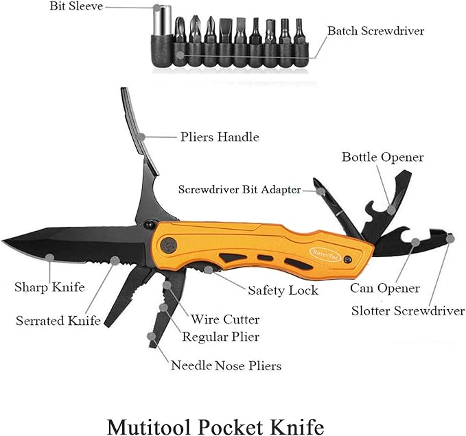 RoverTac 15-in-1 Pocket Multitool Knife - Folding Knife with Pliers, Bottle & Can Opener, Phillips Screwdriver + 9 Bits, Nylon Sheath - EDC Multi Tool for Camping, Hiking & DIY - Gifts for Men & Dad