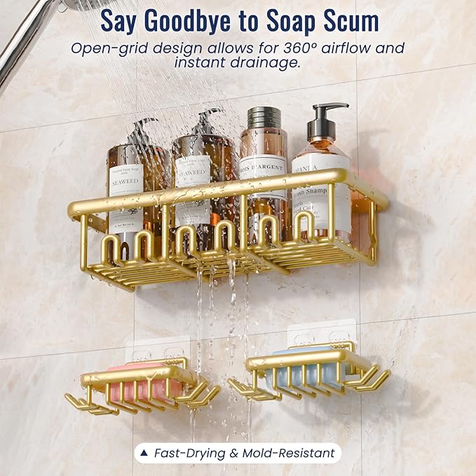 8 Pack Adhesive Rustproof Shower Caddy with Soap Dishes, Toothbrush Holder & Hooks, Large Capacity No-Drilling Shower Shelves Rack for Bathroom Organizers and Storage Accessories, Gold