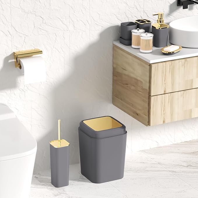 XLHOMO Bathroom Set - Grey and Gold Bathroom Accessories Set, Bathroom Sets with Shower Curtain and Rugs, Grey Shower Curtain Set with Bathroom Trash Can, Soap Dispenser, Soap Dish for Home Decor