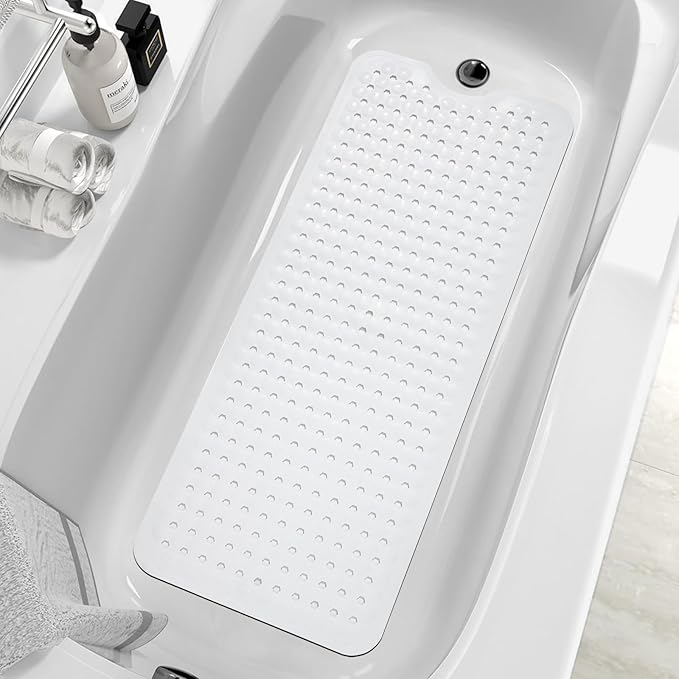 ZHICHENG Bath Tub and Shower Mats, Non-Slip 39 x 16 Inch Extra Long Bath Mat, Machine Washable Bathtub Mat with Drain Holes, Suction Cups for Bathroom (White)