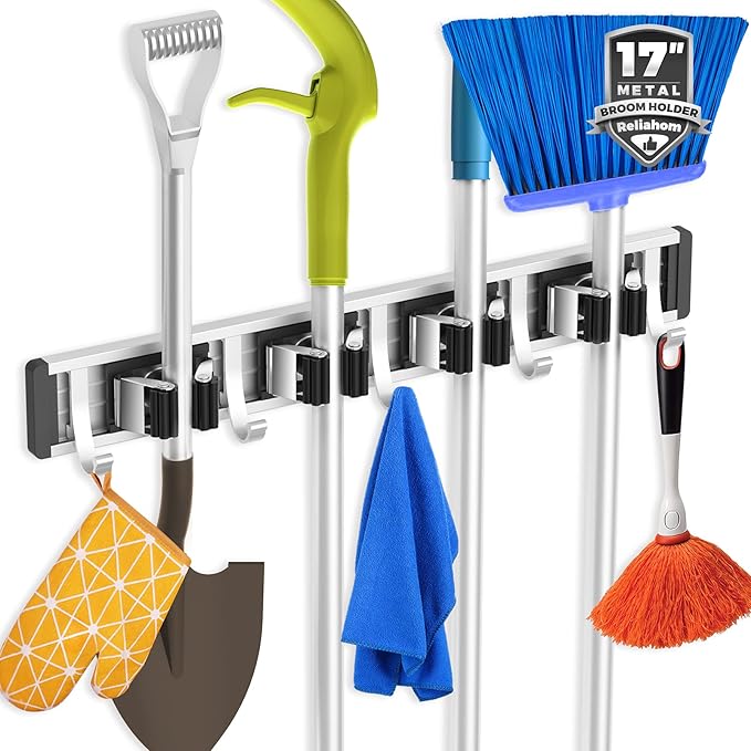 reliahom Broom Holder Wall Mount, 4 Racks with 5 Hooks Black - Mop Storage Tool Racks, Broom Hanger Tool Organizer for Garage, Kitchen, Garden, Laundry Room