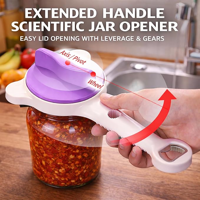 New 4-in-1 Retractable Jar Bottle Opener, Adjustable Stainless Steel Lid Remover with Non-Slip Grip for Seniors, Multi-Functional Jar Opener with Ergonomic Handle for Kitchen Jars Cans Bottles(Purple)