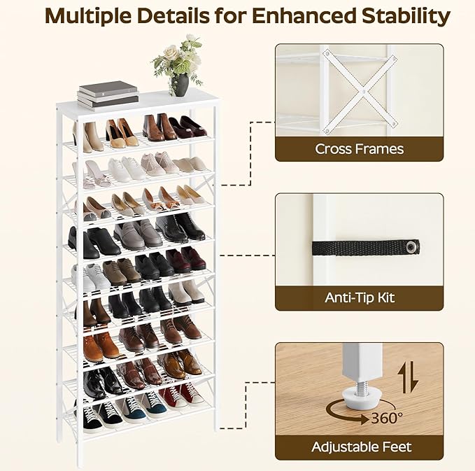 YATINEY 10 Tier Shoe Rack, Large Capacity Shoe Storage Organizer Holds 40 Pairs, Sturdy and Stable, for Entryway, Hallway, Closet, Dorm Room, White SS10WW