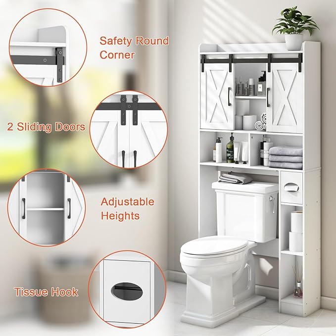 Vabches Over The Toilet Storage Cabinet, Farmhouse Storage Cabinet Over Toilet with Sliding Doors，Home Space-Saving Toilet Rack, for Bathroom, Restroom, Laundry