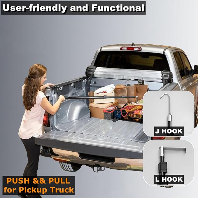 Truck Bed Cargo Grabber Reach Retriever Tool, New Upgraded Extendable Pull Push Pole with Hooks, Used for Pickup Truck, SUV, Trailers, RVs (Aluminum Alloy)