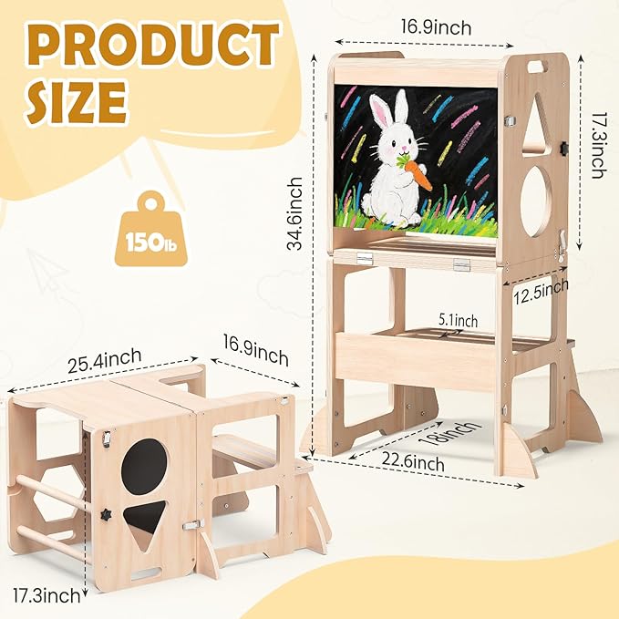 Toddler Standing Tower with Anti-Fall Buckle, 4-in-1 Anti-Slip Toddler Kitchen Step Stool with Blackboard, Foldable Wooden Kitchen Stool Helper for Kids, 1-3 Year Old Boy Girl Gifts